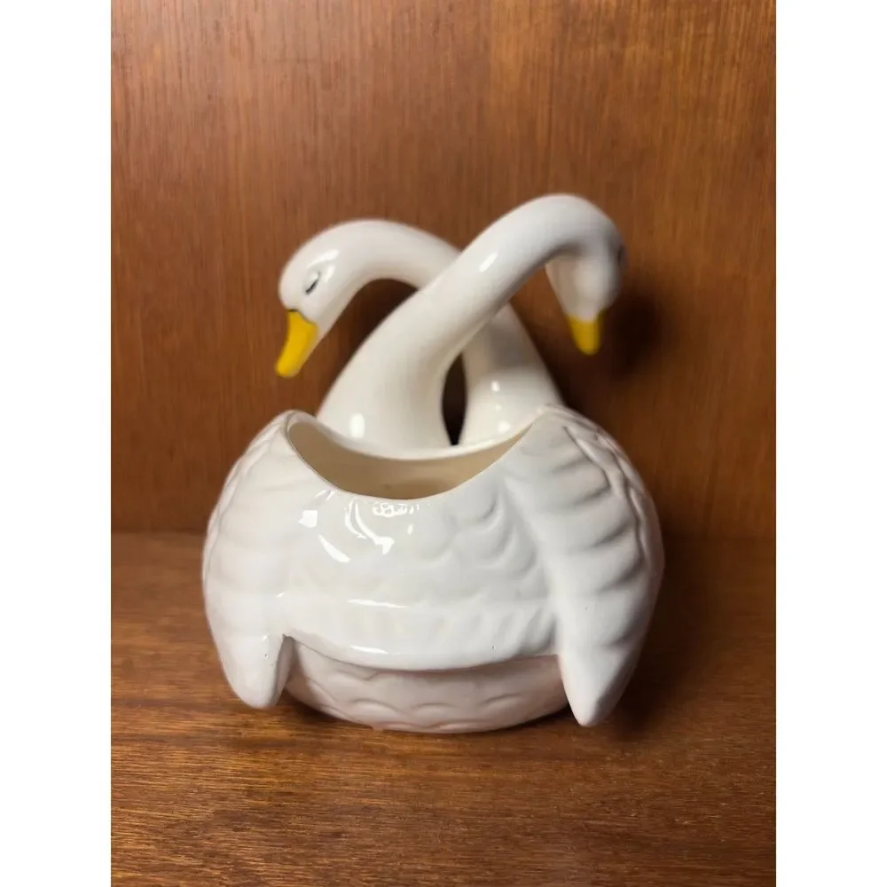Vintage White Ceramic Double Swan Lovebird Dish Planter Intertwined Necks